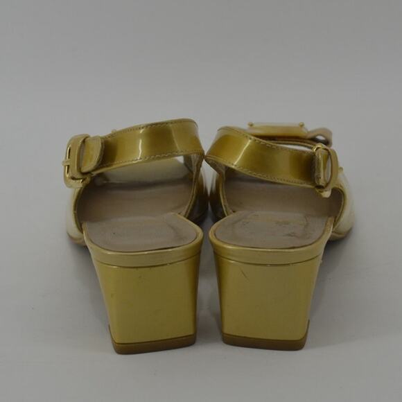 Stuart Weitzman Gold Patent Leather Block Heel Bow Size 6.5 - Picture 8 of 12